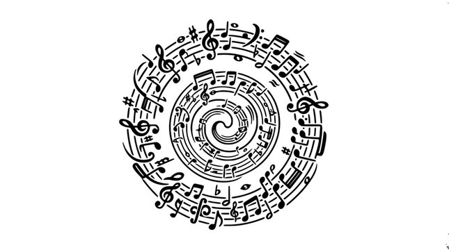 Abstract musical note staff spiral vector illustration featuring classical melody clefs and sound wave swirls for concert posters, artistic backgrounds, and audio branding designs