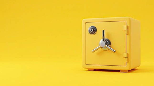 Bright yellow safe box with metal handle and dial lock on plain background with combination lock against locking mechanism storage device secure storage plain backdrop storage unit solid color