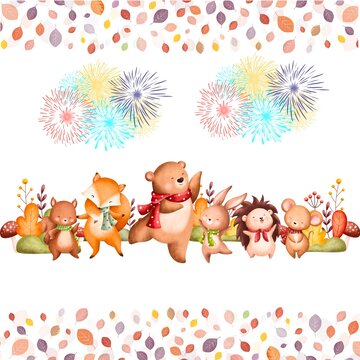 ​Cute watercolor autumn woodland animals celebrating with fireworks and falling leaves frame seamless border vector illustration