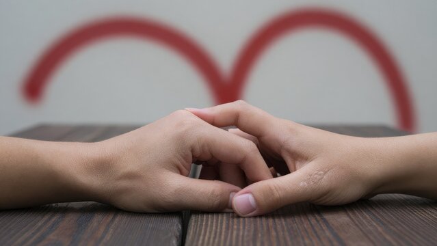 Intertwined Hands on Wooden Table with Abstract Background Design