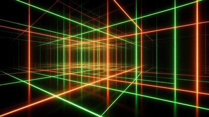 Fototapeta premium Abstract neon tunnel with glowing green, red lines. Futuristic digital corridor creates 3D geometric grid pattern in dark space. Cyberpunk light design shows perspective view of empty high tech