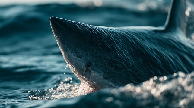 Great white shark fin breaking the surface of the ocean water.
