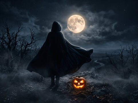 Hooded cloaked figure facing full moon beside carved pumpkin on foggy hill
