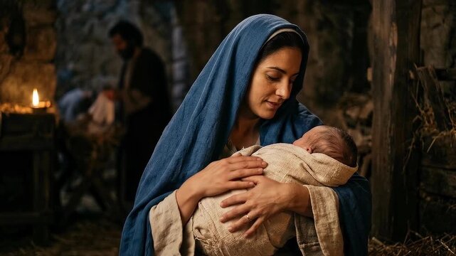 Virgin Mary Tenderly Cradling the Newborn Baby Jesus in a Humble Stable While Joseph Watches in the Background, Intimate Biblical Nativity Scene of Christmas, Motherhood, Love, Faith and Peace