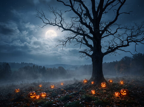 Eerie pumpkin patch around ancient leafless tree beneath full moon and misty hills
