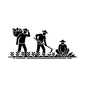 Minimalist black silhouette vector illustration of farmers harvesting