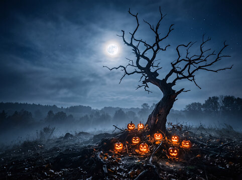 Twisted dead tree with roots wrapped in glowing jack-o'-lanterns under moonlit sky