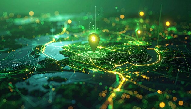 A futuristic digital map featuring glowing location markers and inter-city route lines, set against a vibrant green background overlaid with various data.