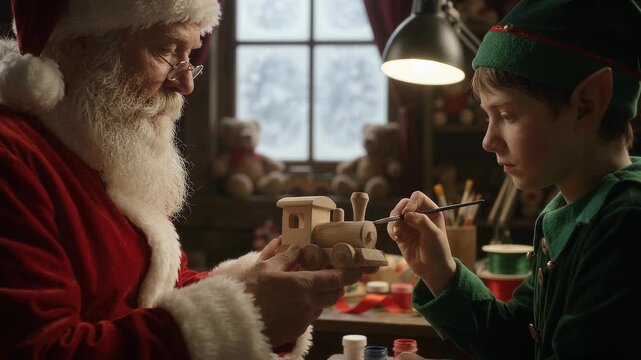 Santa Claus and a Young Elf Carefully Painting a Handmade Wooden Toy Train in a Cozy Christmas Workshop, Festive Holiday Scene of Craftsmanship, Teamwork, Gift Making, Creativity and Seasonal Magic