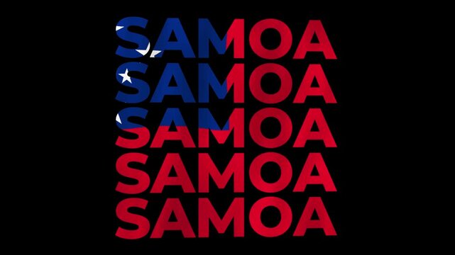 Samoa Polynesian country 3D animated text bold lettering in repeated stacked rows styled with the national colours and patterns of the flag waving in the wind world emblem banner on dark background