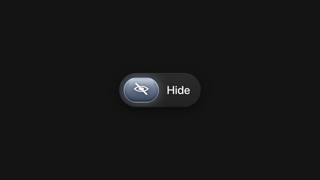 Animated hide button with white eye icon user interface motion graphic on black background