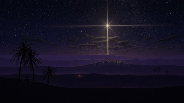 Star of Bethlehem Shining over Desert Hills and Palms Seamless Loop