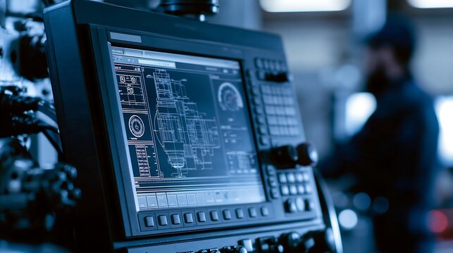 Close up of a CNC machine control panel displaying mechanical engineering blueprints in a factory
