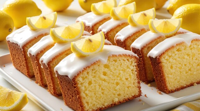 Delicious lemon pound cake slices with white icing on white plate. Fresh citrus fruit garnish on top of sweet dessert. Tasty homemade pastry pieces arranged for tea time breakfast. Bright yellow