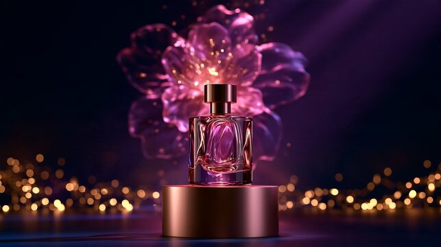 Luxury perfume bottle on a round pedestal with a transparent glowing crystal flower on dark purple background