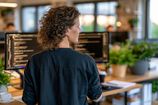female software developer focused on writing code at a standing desk with dual displays, scandinavian office interior, soft natural window light, organized workspace