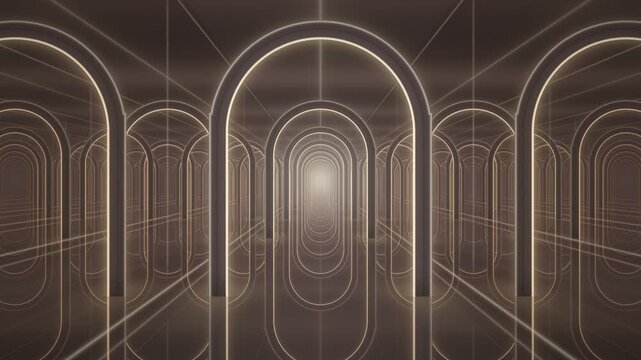 Infinity Mirror Corridor with Glowing Gold Arches Seamless Loop