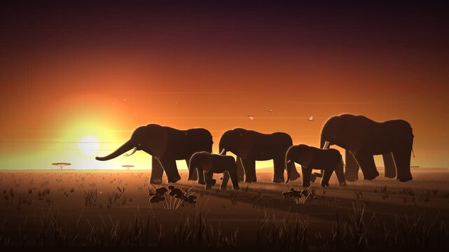 African Elephant Herd Walking Dusty Savanna At Dusk Seamless Loop