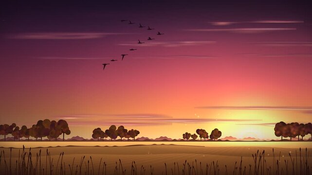 Geese V Formation Flying Over Autumn Sunset Seamless Loop