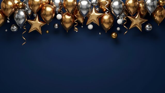 Gold and silver balloons with star shapes on dark blue background