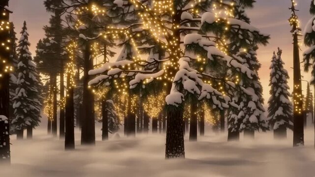 Snowy evergreen forest glowing with warm string lights as mist drifts between trees at winter dusk, creating a festive holiday woodland atmosphere in a decorated outdoor landscape