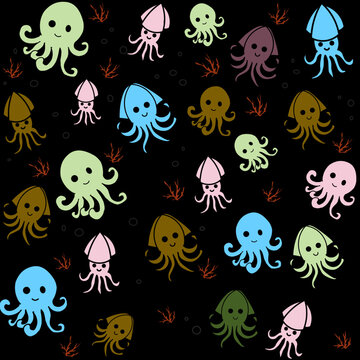 Cute squid and octopus seamless pattern on black background