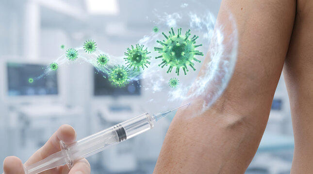 Conceptual image depicting a vaccination process, with a syringe administering a vaccine into an arm. Abstract virus particles float around, symbolizing protection against infectious diseases, immu...