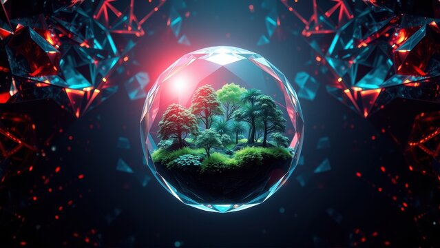 Glowing sphere contains lush forest scene. Geometric shapes surround it, creating futuristic ambiance. Bright sun illuminates landscape.