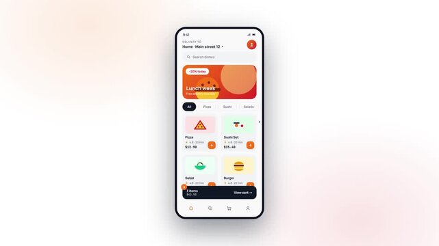 Mobile food delivery app smartphone mockup showing add to cart animation, restaurant meal catalogue, digital checkout bottom sheet, and live courier route progress tracking navigation map