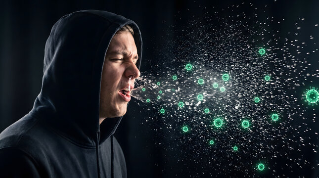 A man in a dark hoodie sneezes forcefully, releasing a cloud of visible droplets and microscopic virus particles. This image illustrates the rapid airborne transmission of infectious diseases, emph...