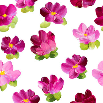 Seamless pattern of abstract pink flowers, original hand drawn, impressionism style, color texture, brush strokes of paint, art background