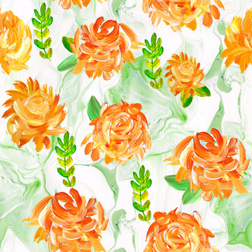 Seamless pattern of abstract orange flowers, original hand drawn, impressionism style, color texture, brush strokes of paint, art background