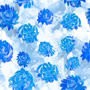 Seamless pattern of abstract blue flowers, original hand drawn, impressionism style, color texture, brush strokes of paint, art background
