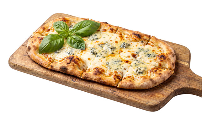 Freshly baked roman pinsa or four cheese flatbread pizza with gorgonzola and basil on wooden board isolated on transparent background