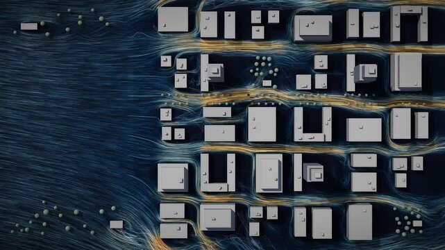 Urban Wind CFD Streamlines Through City Buildings Seamless Loop