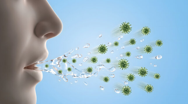 Vibrant 3D illustration depicting airborne virus transmission. A stylized human profile expels infectious respiratory droplets and microscopic virus particles when sneezing or coughing, emphasizing...