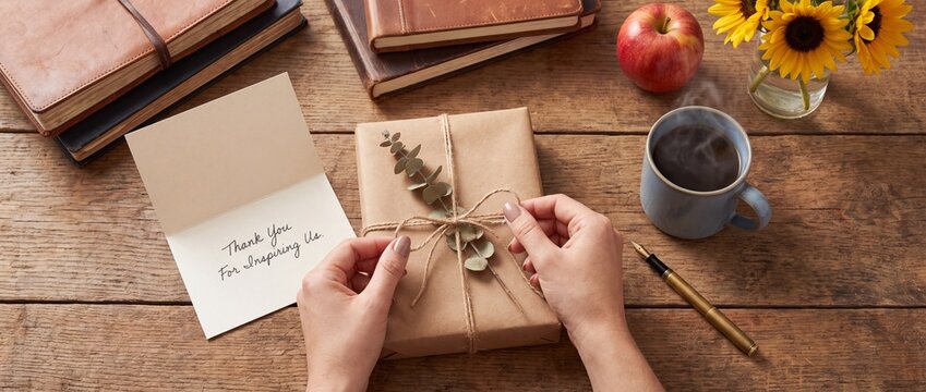 Hands tying a twine bow on a gift wrapped in brown paper on wooden desk with steaming coffee sunflowers rustic gift package package next thank you note steaming hands adjust inspirational office