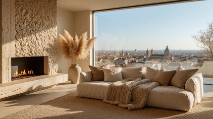 Obraz premium Minimalist warm living room with stone fireplace, cozy sofa. Pampas grass in vase decorate modern interior. Large panoramic window shows city skyline view. Neutral beige decor creates calm atmosphere