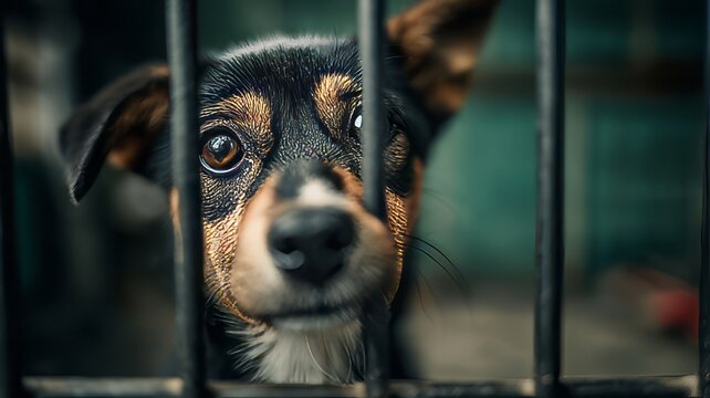 Shelter dog behind metal cage bars, rescued puppy looking out of kennel, emotional pet adoption concept, black and tan mutt in animal shelter