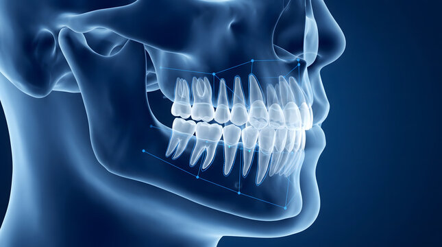 Detailed 3D rendering of the human jaw and teeth in a transparent x-ray style, featuring precise orthodontic measurement points on a dark blue background. This medical illustration highlights denta...