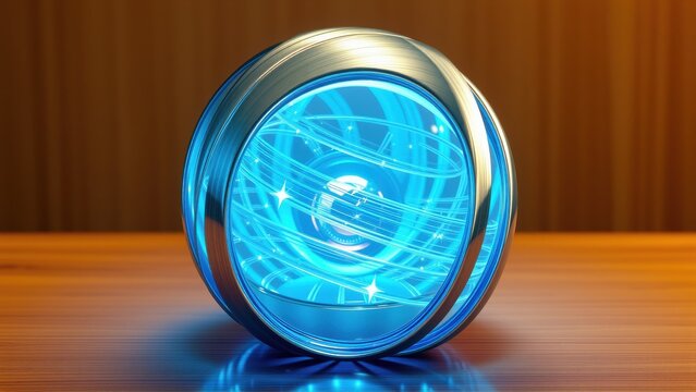 Glowing orb rests upon wooden surface. Bright blue light emanates from within metallic casing. Futuristic design, captivating visual.