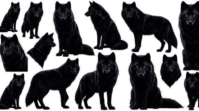 Collection of black wolf illustrations in various poses. Majestic wild animals show different stances like sitting, standing, looking forward. Detailed dark canine character set on white background