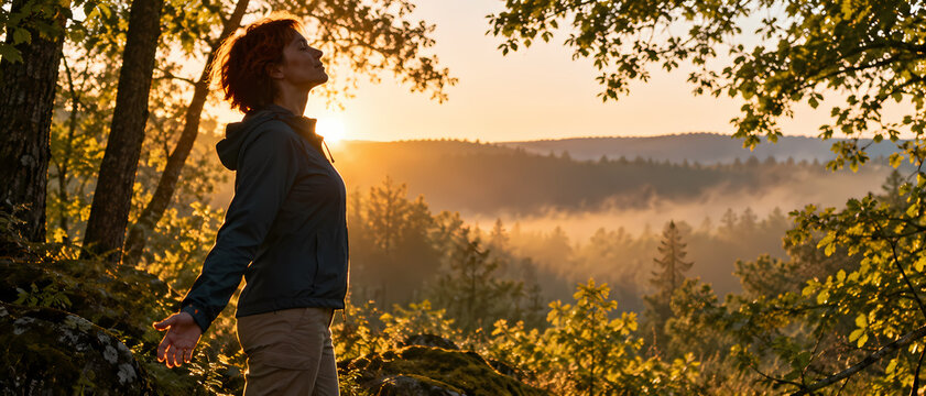 Relaxed woman walks through a forest at golden sunset, breathing fresh air and enjoying a peaceful outdoor moment surrounded by warm sunlight, green foliage, trees, distant hills and glowing nature