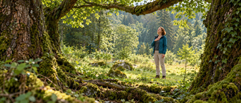 Relaxed woman stands on a forest trail overlooking a mountain valley, breathing fresh air and enjoying a peaceful moment among green trees, ferns, sunlight and expansive natural scenery outdoors