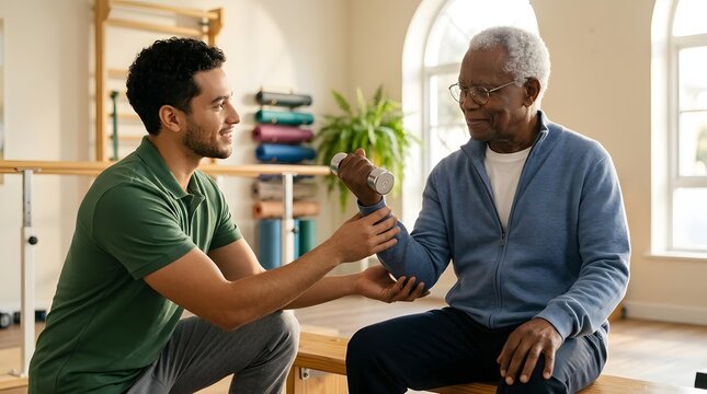 A warm and inviting indoor scene with soft natural lighting, showcasing a diverse young male physical therapist in a green polo shirt, attentively assisting a senior African American man in a blue