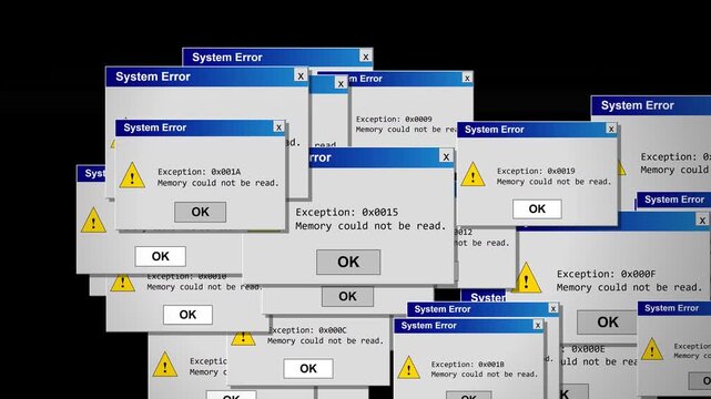 Multiple retro system error popup dialog boxes cascading over dark background representing digital software crash bug malware and cyber failure
