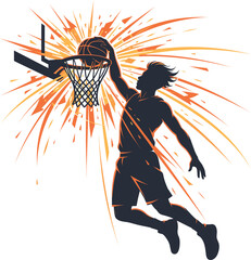 Dynamic silhouette of a basketball player dunking with energetic background splash illustration. © Shrabon