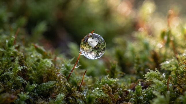 macro photograph of a glistening water A cleadroplet perched delicately on a tiny moss stalk, featuring a digital overlay of a silver heart and the year 2027 reflecting a tranquil, out-of-focus forest