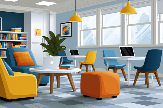 depicting bright classroom activity zone with collaborative learning pods, colorful chairs and educational resources without readable text