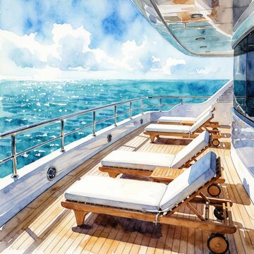 Watercolor painting of luxury yacht deck with white lounge chairs. Sunny summer vacation on cruise ship overlooking calm blue ocean water. Relaxing maritime scene with sunbeds on wooden boat deck